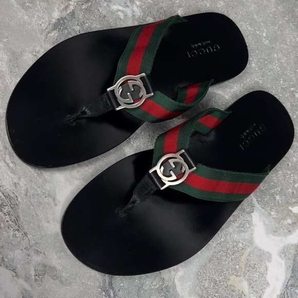 GUCCI Web GG Logo Buckle Thong Sandals Black Leather 7 G or 7.5 US or 41 EUR - Picture 1 of 12